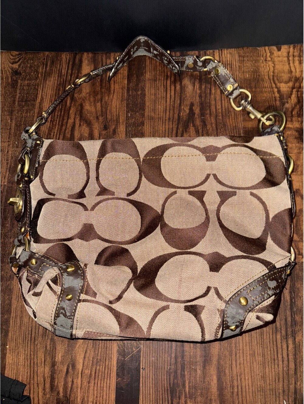 Y2K Coach Carly Hobo Signature Jacquard,Blk Stud Leather Gold Turnlock READ